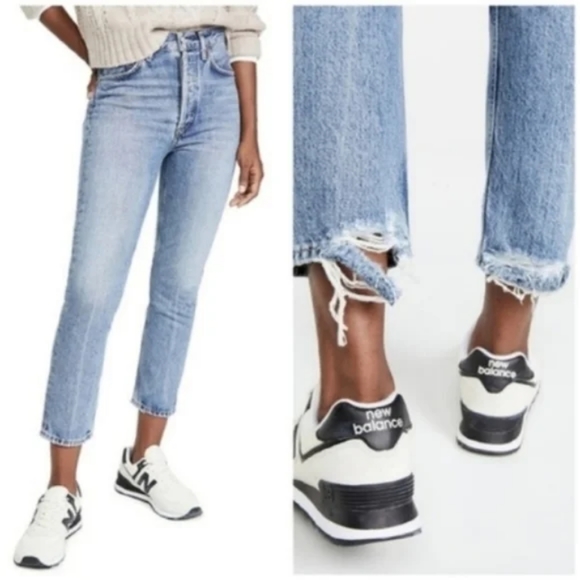 Agolde Riley High Rise Waisted Crop Cropped Organic Denim Jeans Emulsion - Picture 3 of 16